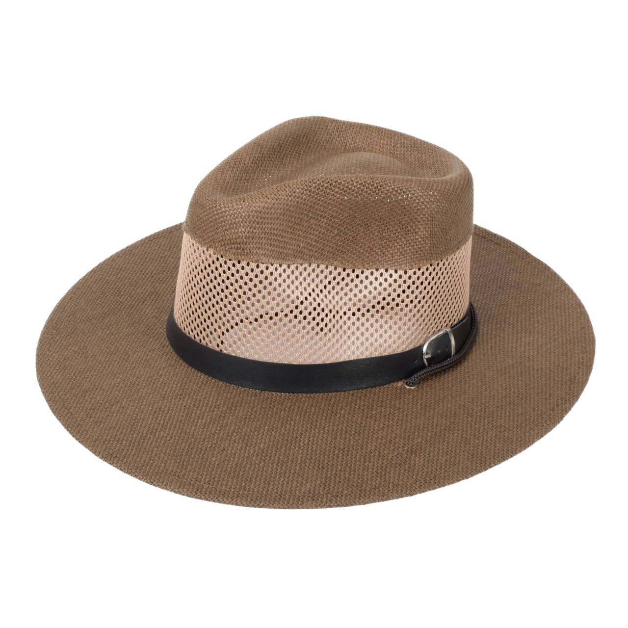Men's S/S Leather Belt Banded Mesh Fashion Fedora Hat: Honey Gold / S/M