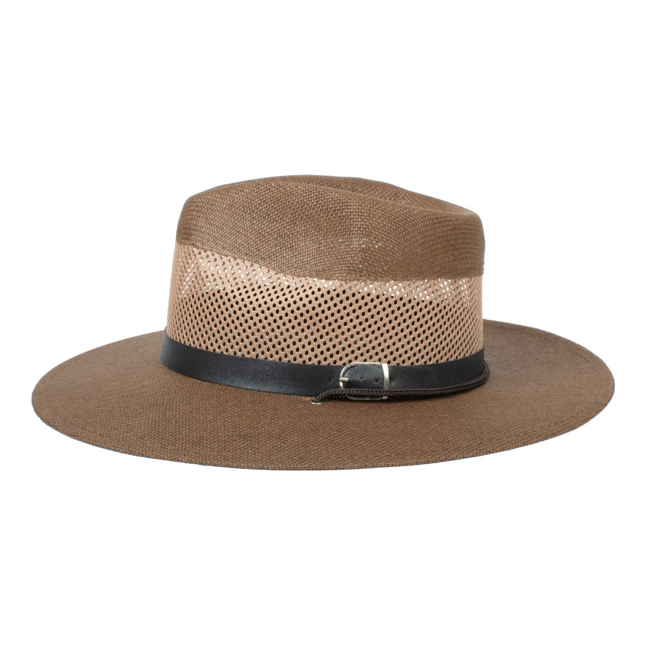 Men's S/S Leather Belt Banded Mesh Fashion Fedora Hat: Honey Gold / S/M