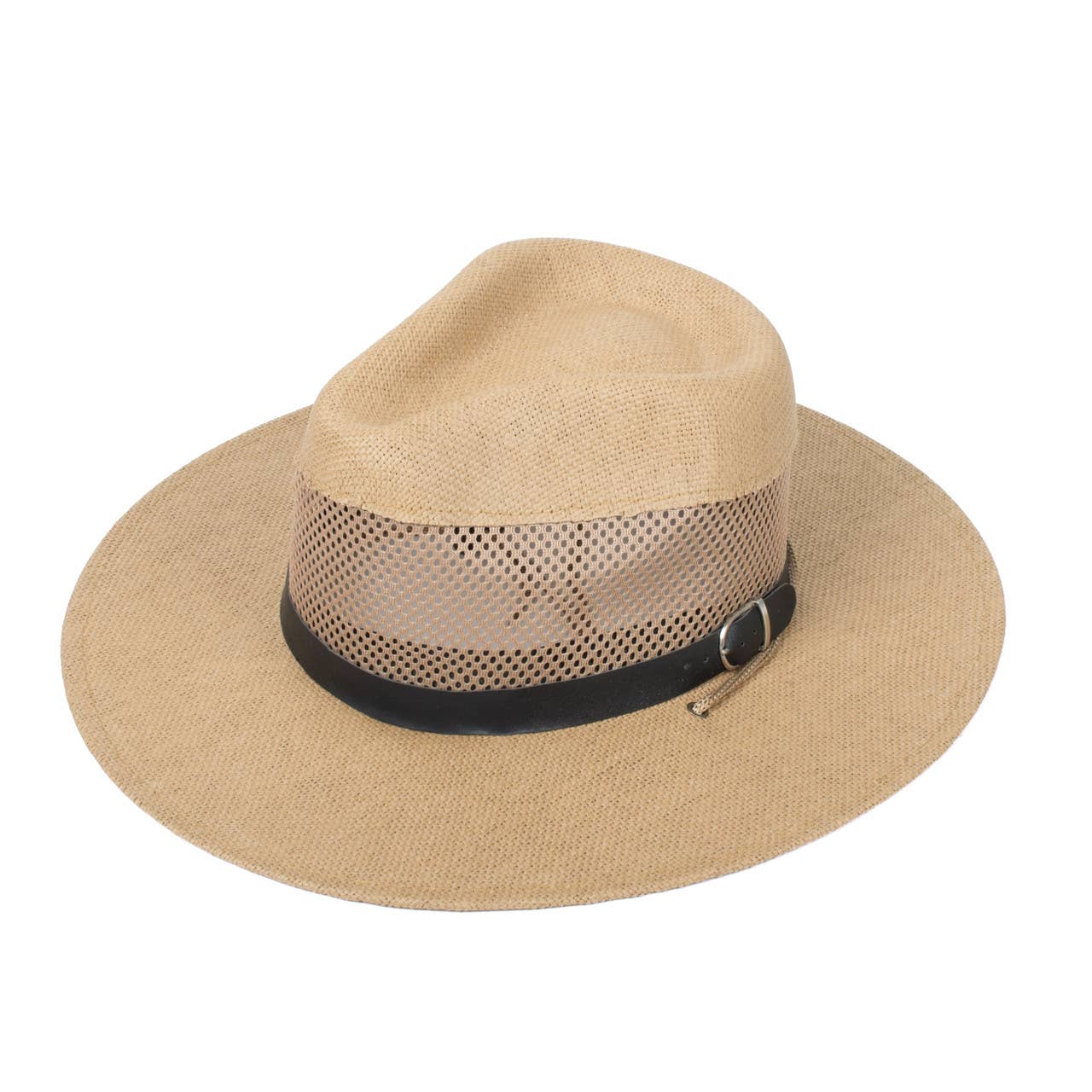 Men's S/S Leather Belt Banded Mesh Fashion Fedora Hat: Honey Gold / S/M