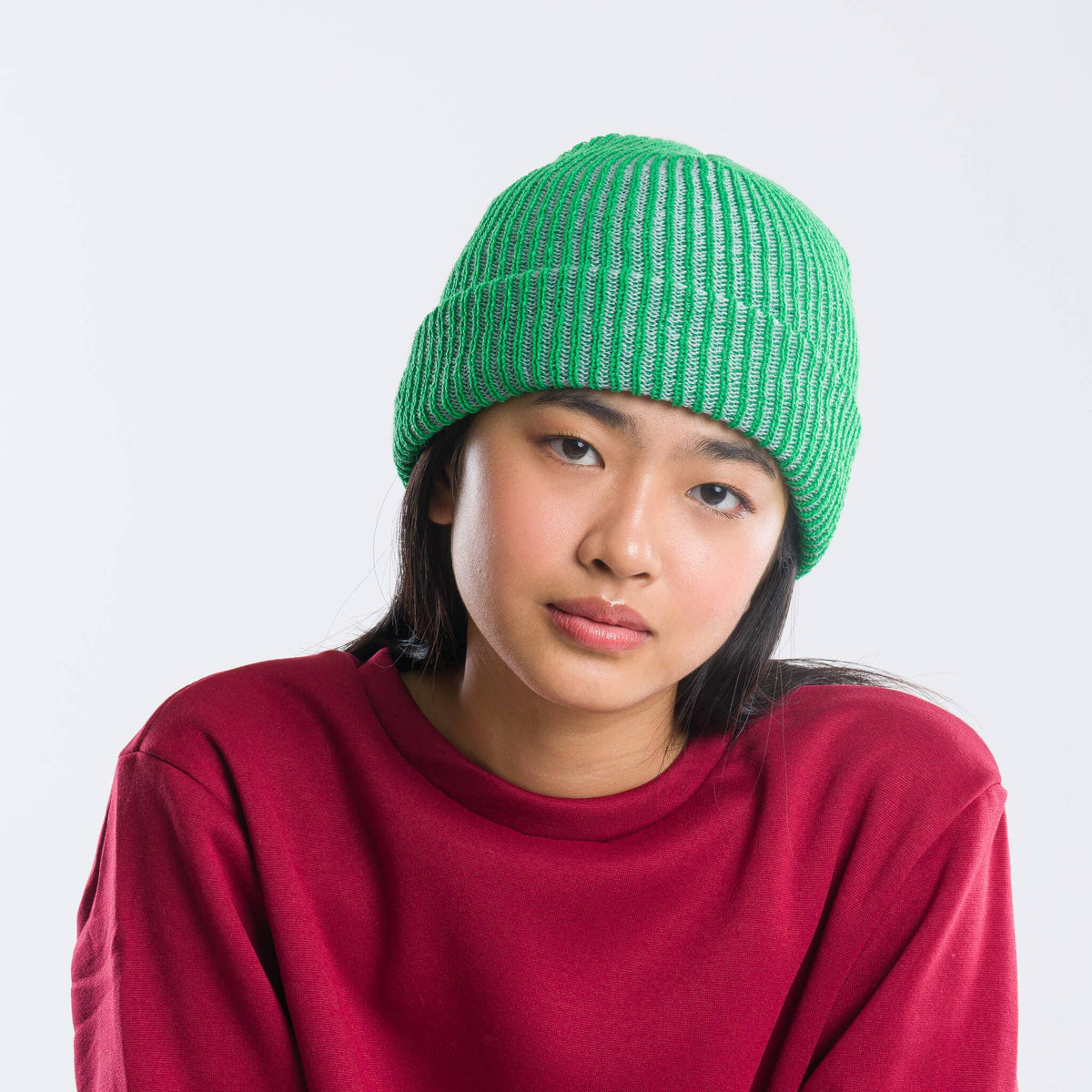 Simple Rib Knit Beanie: Golden Olive Navy