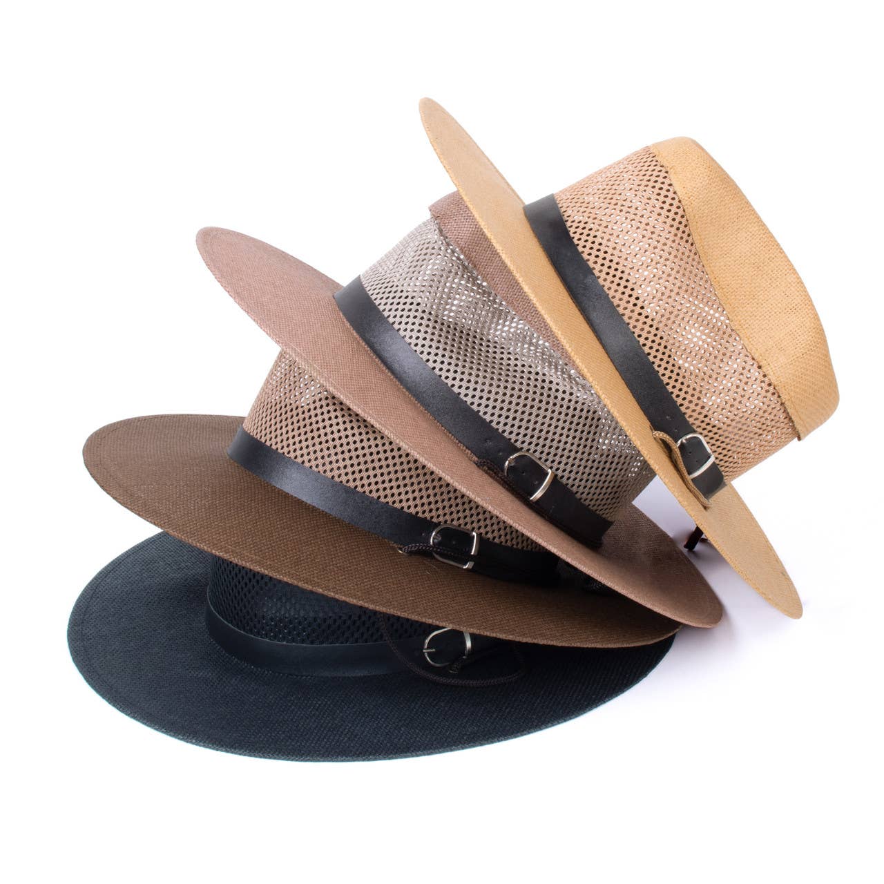 Men's S/S Leather Belt Banded Mesh Fashion Fedora Hat: Honey Gold / S/M