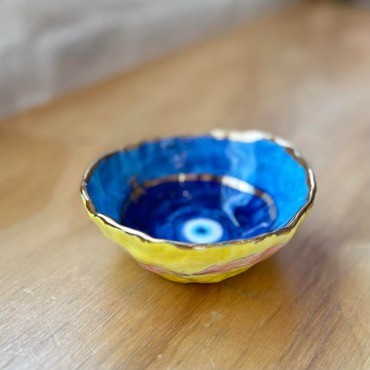 Bowl Dana Sherwood Pinch Pot yellow w blue interior