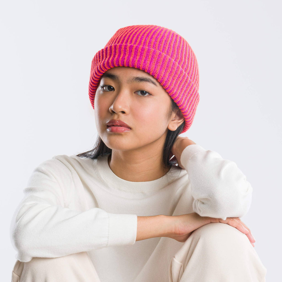 Simple Rib Knit Beanie: Golden Olive Navy